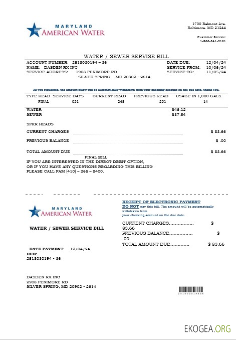 Modèle de facture de service d'eau pour les entreprises américaines du Maryland aux formats Word et PDF